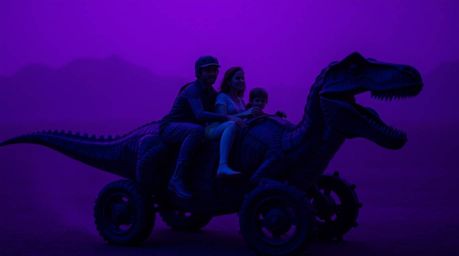 A captivating fine art photograph depicts a prehistoric family joyfully riding a dinosaur car, rendered in striking ultraviol