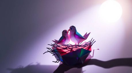 A captivating image featuring two cartoon birds crafting a nest in a classic animation style, rendered with an intricate orig