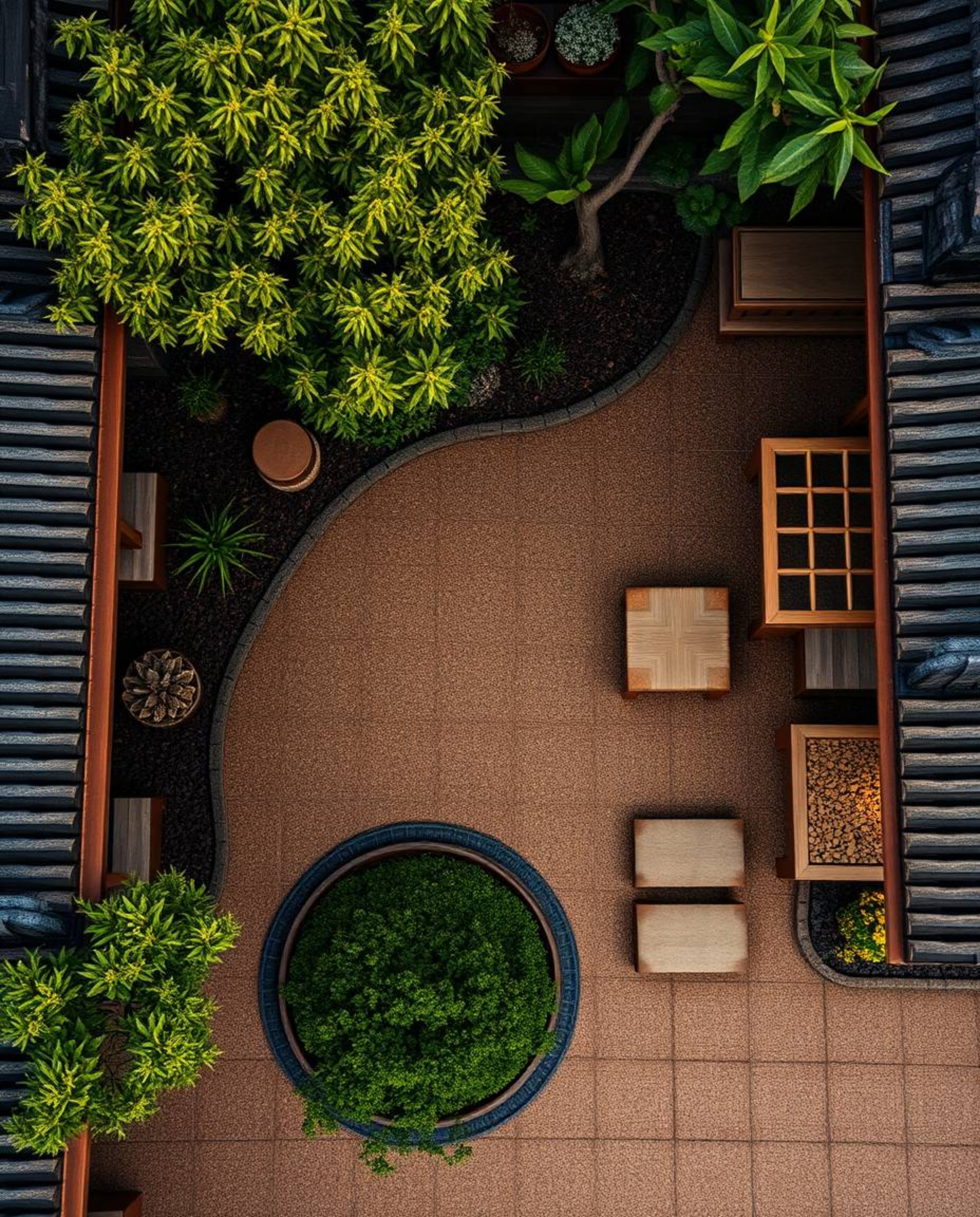 An overhead bird's-eye view of a serene Zen garden at sunset, displaying natural earth tones of browns and beiges in muted co