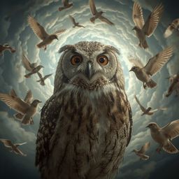 A captivating high-fashion photography piece depicts a blind owl, with exquisite, intricate feathers and piercing white socke