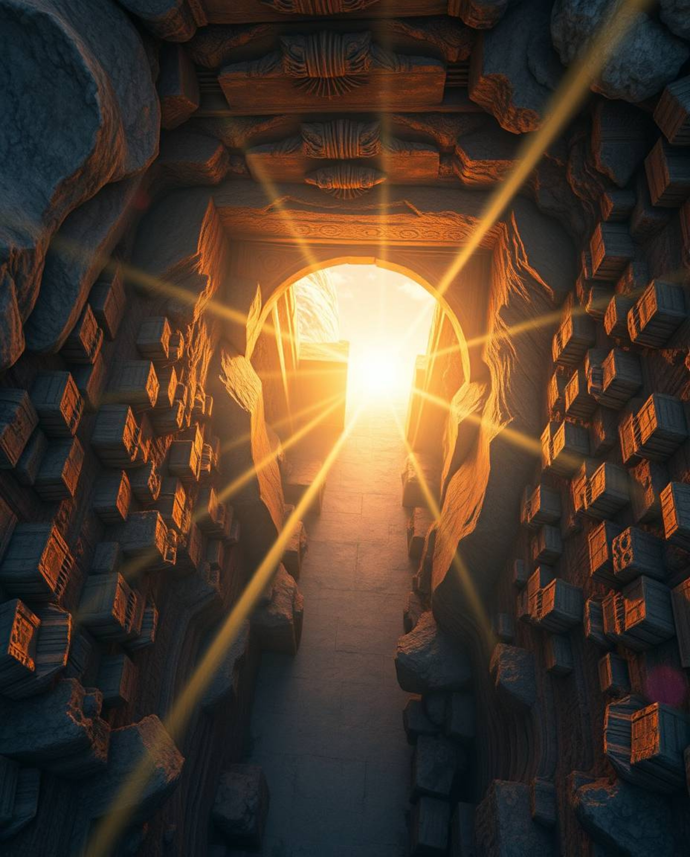 An overhead bird’s eye view captures an ancient doorway, glowing with runes, embedded in the side of a mountain. Bright lens 