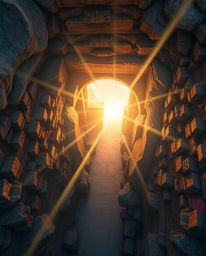 An overhead bird’s eye view captures an ancient doorway, glowing with runes, embedded in the side of a mountain. Bright lens 