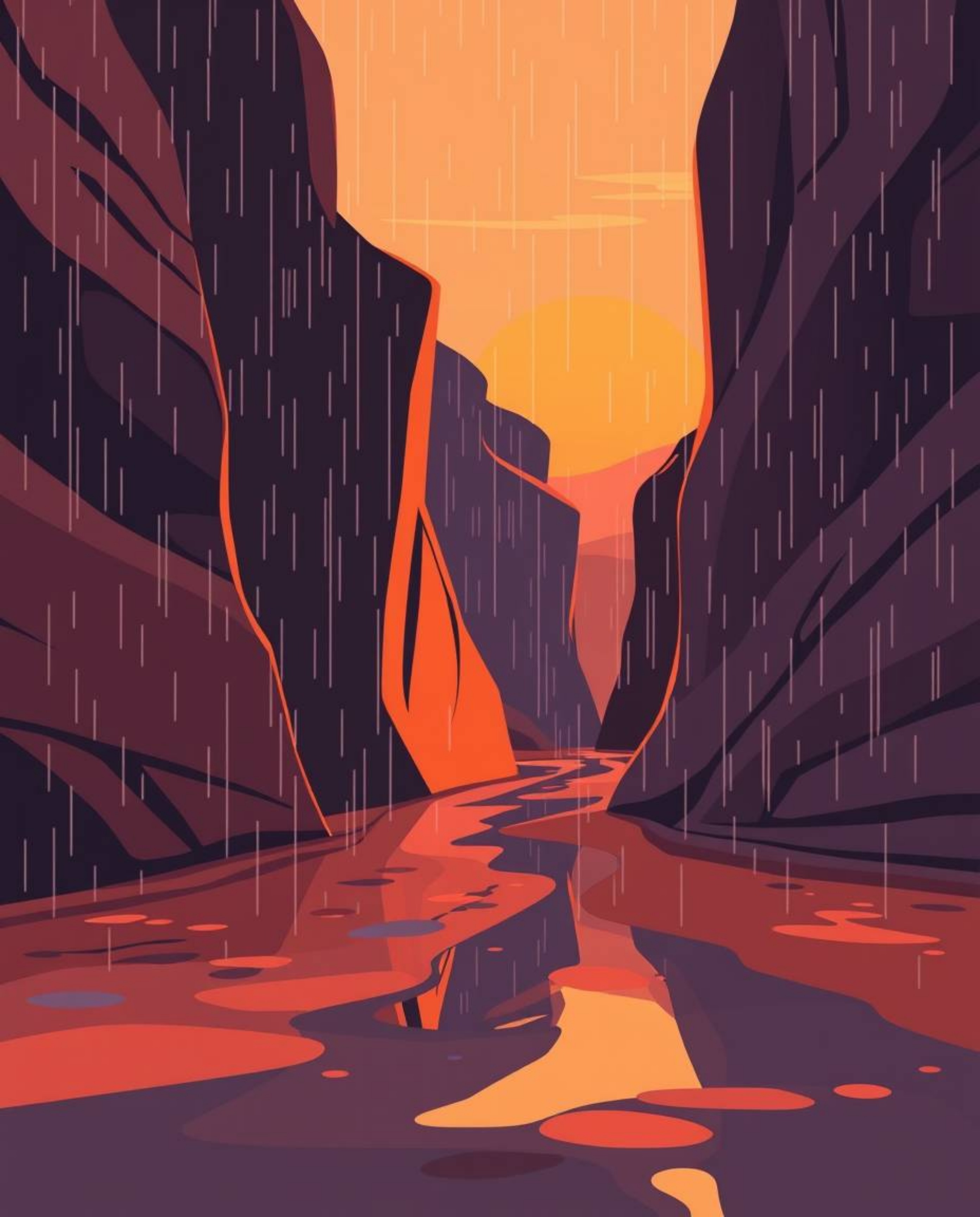 A modern flat design depicts a wet, rainy sunset scene, showcasing sandstone cliffs in a canyon illuminated by the setting su