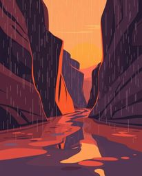 A modern flat design depicts a wet, rainy sunset scene, showcasing sandstone cliffs in a canyon illuminated by the setting su