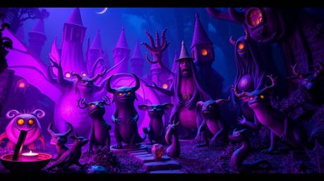 Immerse yourself in a cinematic fantasy kingdom brimming with quirky magical creatures, all bathed in deep ultraviolet hues. 