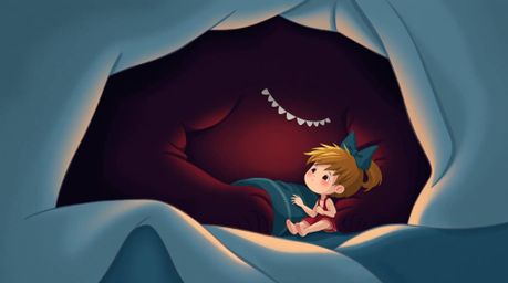 A heartwarming illustration depicts an unlikely friendship between a child and a monster under the bed.  Rendered in rich bur
