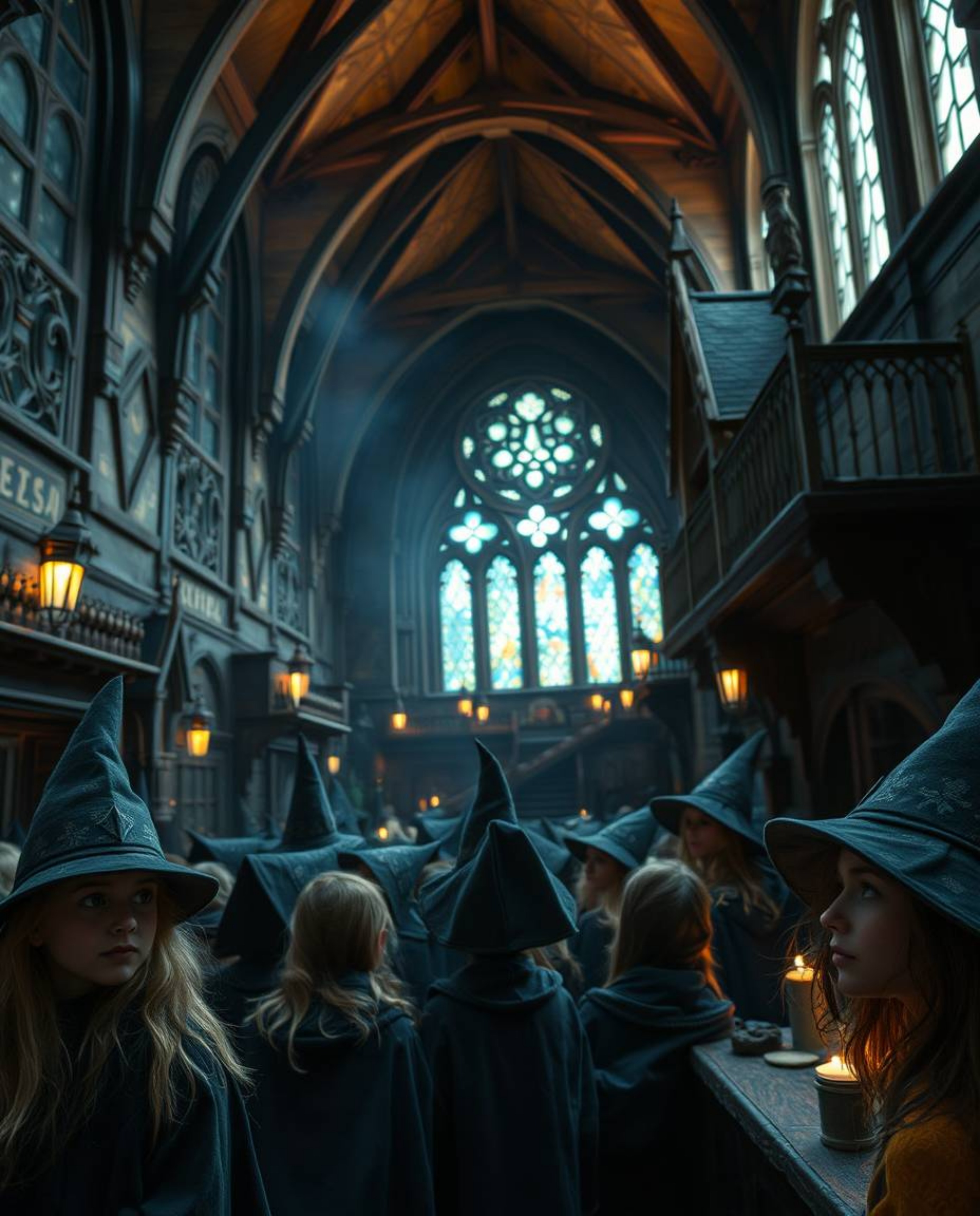 Experience the enchantment of a magical school bustling with young wizards in this tight close-up shot. Every detail, from th