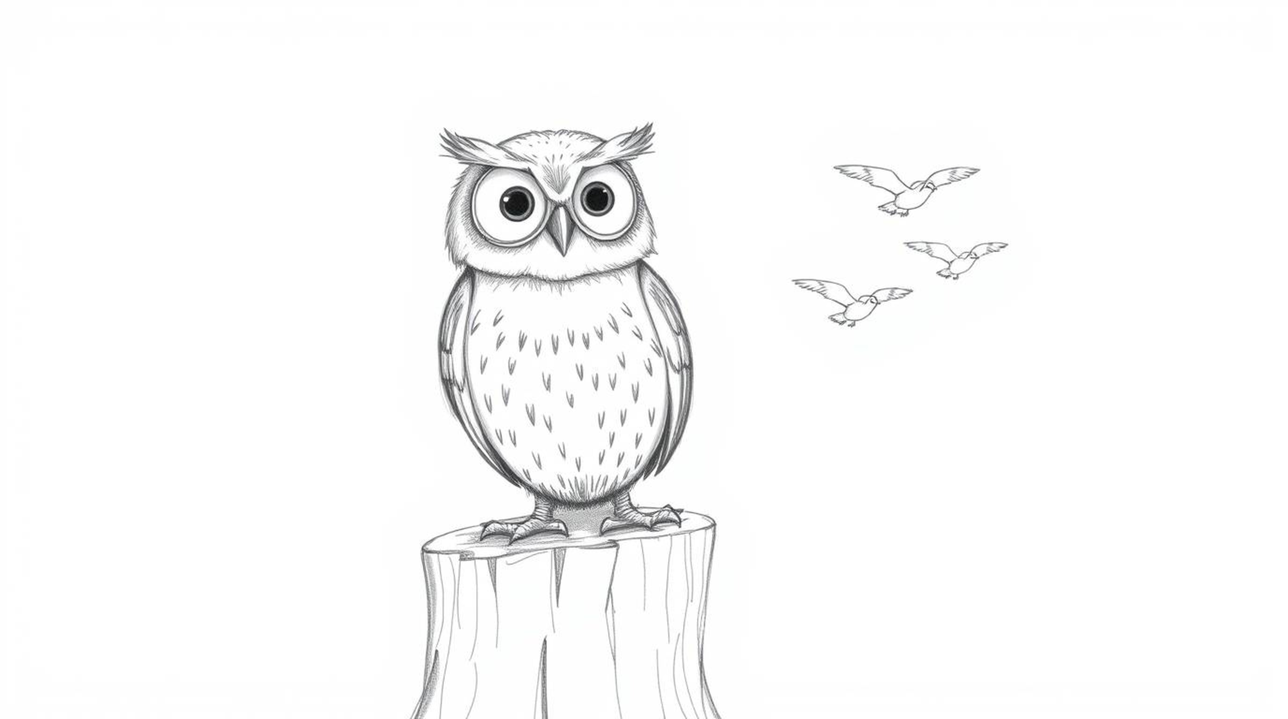 A heartwarming hand-drawn pencil sketch depicts a blind owl, rendered in the style of Pixar animation, perched proudly on a t