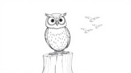 A heartwarming hand-drawn pencil sketch depicts a blind owl, rendered in the style of Pixar animation, perched proudly on a t