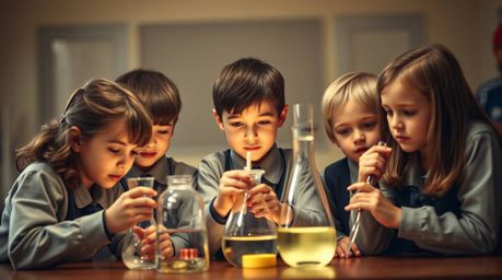 A professional fine art photograph capturing a group of quirky kids in school uniforms engrossed in experiments. The image fe