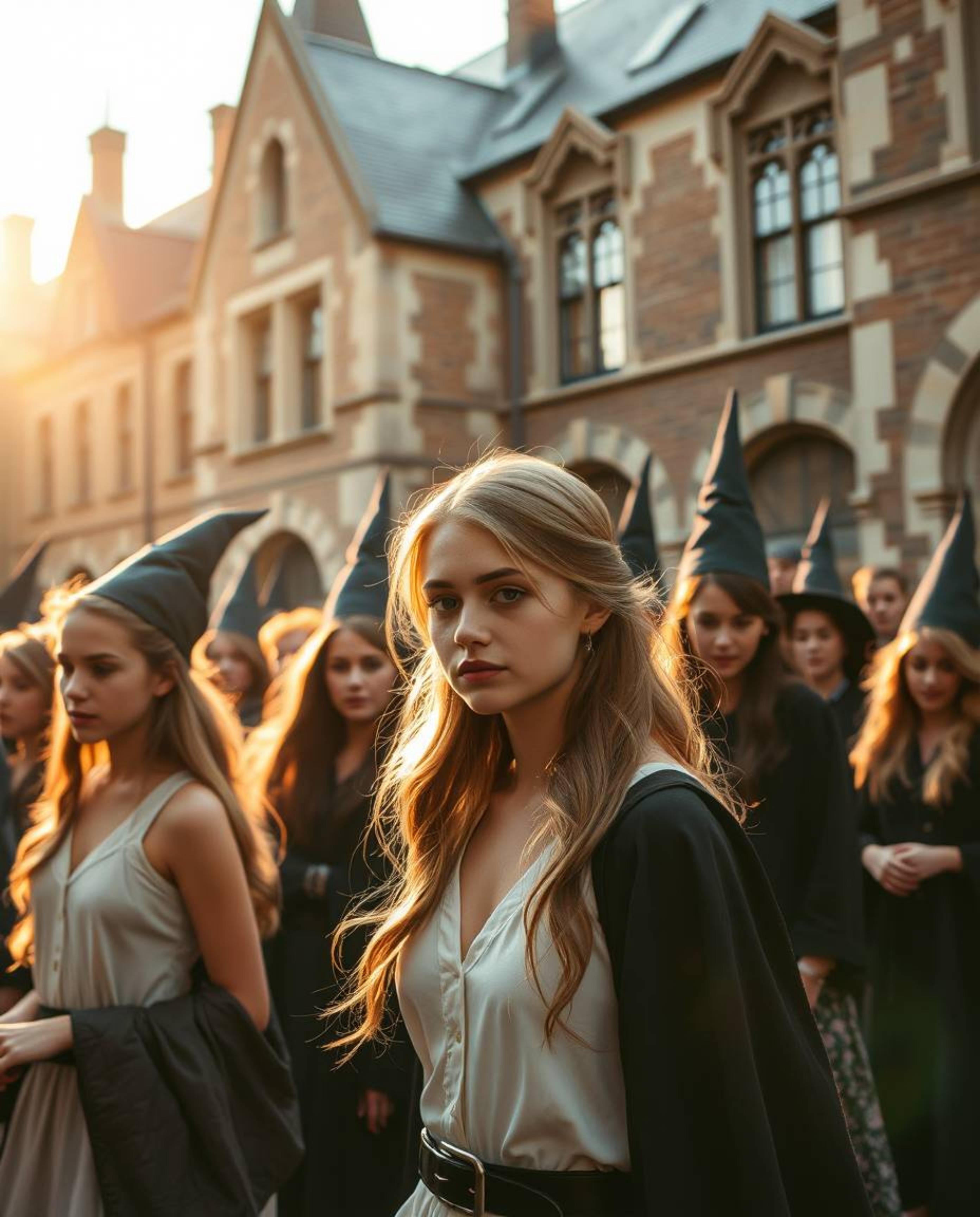 Capture the enchanting essence of a magical school during golden hour with this candid street photography collection. Witnes