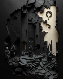 Explore this intense, layered papier-mâché artwork depicting a battlefield scene with time-warped soldiers and crumbling buil