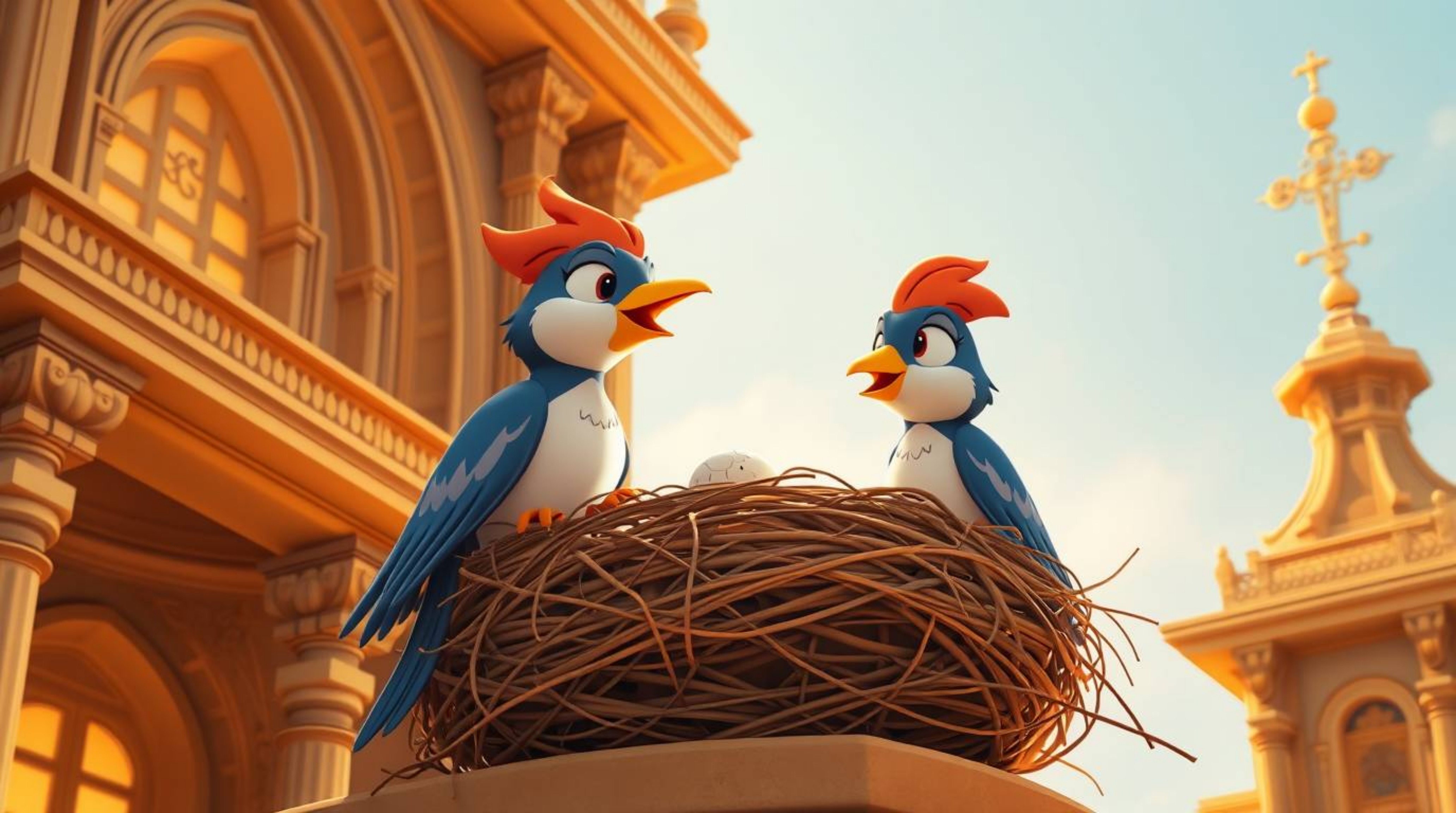 This image showcases a precise architectural color photograph depicting two cartoon birds diligently building a nest in a cla