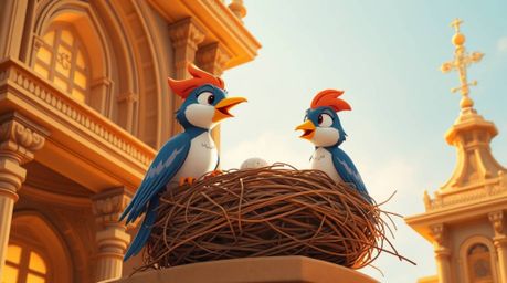 This image showcases a precise architectural color photograph depicting two cartoon birds diligently building a nest in a cla