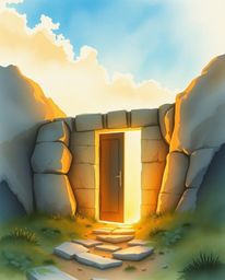 A delicate watercolor painting captures an ancient doorway, etched with glowing runes, nestled within a majestic mountainside
