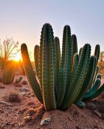 A desert cactus glows beautifully under the last rays of the sun, rendered in a stunning palette of warm terracotta and cool 