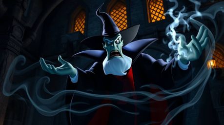 A high-resolution stock photo depicting a classic Disney villain casting a spell within the imposing walls of an old castle. 