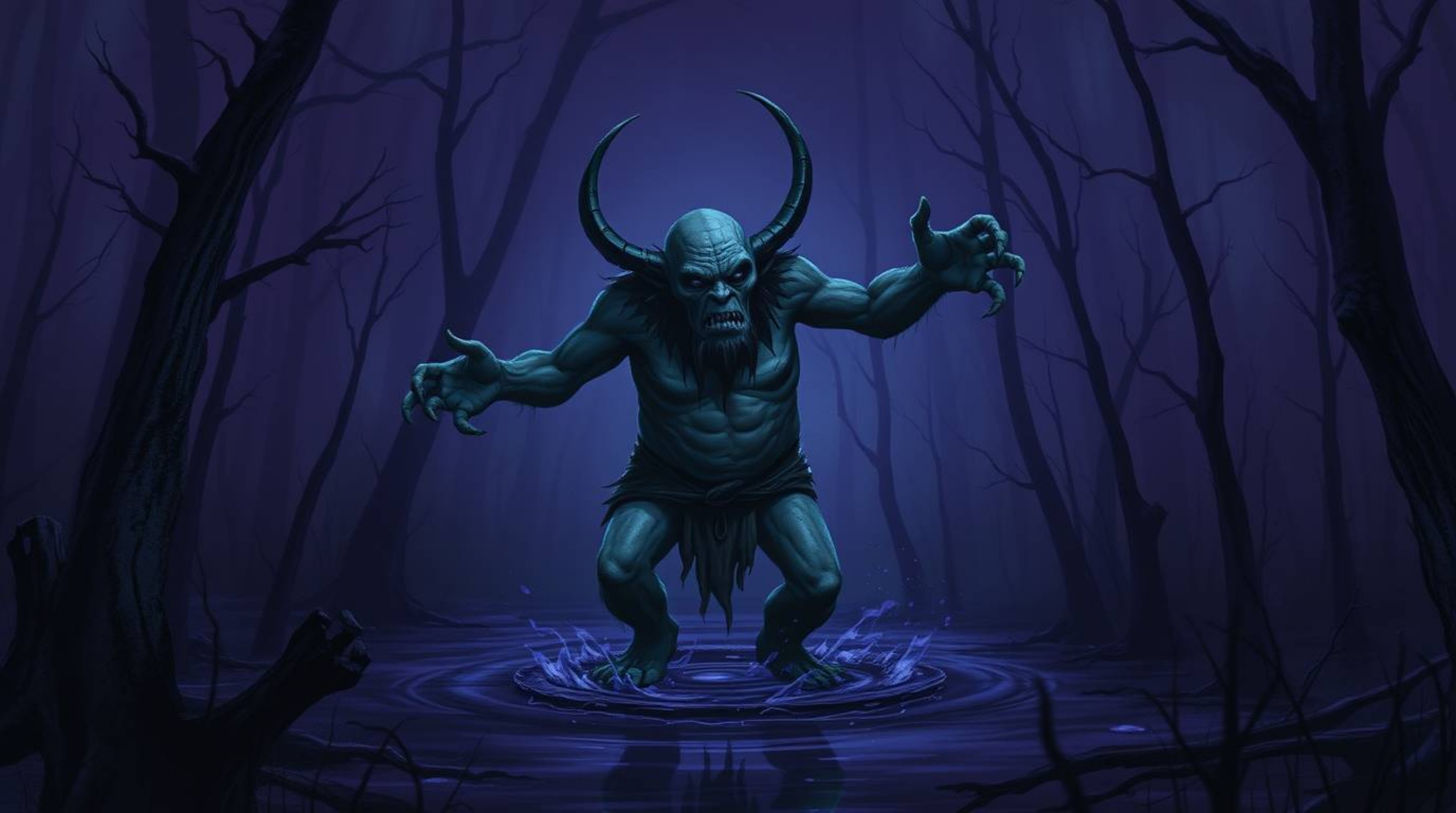 A terrifyingly beautiful ogre performs an unsettling dance within a swamp, rendered in deep ultraviolet hues and dark tones. 