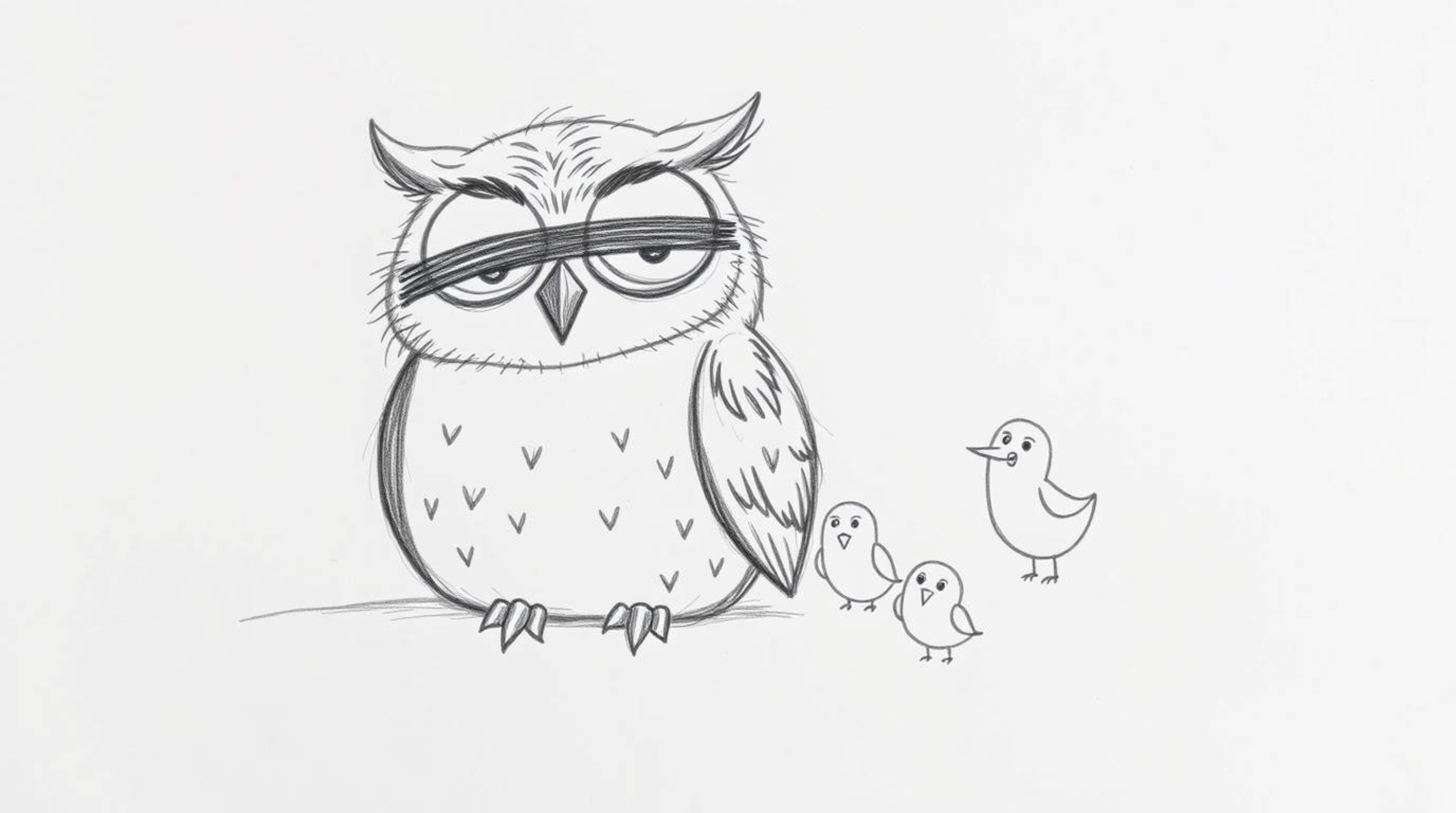 A heartwarming hand-drawn sketch in the style of Pixar portrays a gentle, blind owl with endearing rounded features.  The owl