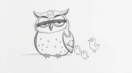 A heartwarming hand-drawn sketch in the style of Pixar portrays a gentle, blind owl with endearing rounded features.  The owl