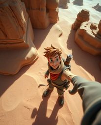 A captivating high-angle photograph depicts a courageous Disney-esque hero embarking on a thrilling desert adventure. The im