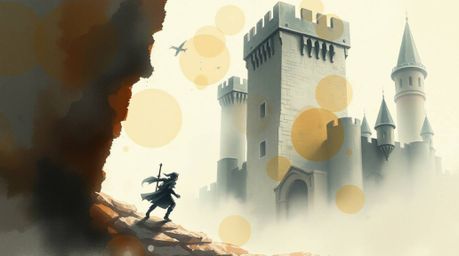 A delicate watercolor painting depicts a thief stealthily infiltrating a heavily guarded castle. The artwork utilizes translu