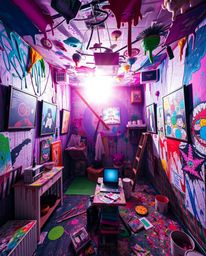 Immerse yourself in a dreamlike room exploding with paint, a surreal landscape bathed in bright lens flares and vibrant color