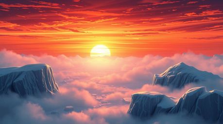 Experience a breathtaking Isekai-style anime depiction of a sunset over icy glaciers.  The scene features expressive composit
