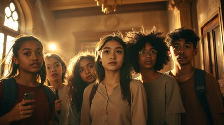 A group of diverse teens with inquisitive expressions explore a dusty, haunted mansion bathed in warm golden hour light.  Mys