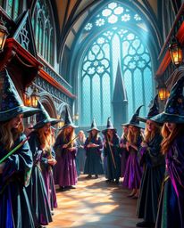 Explore a magical school brimming with young wizards, captured in a graceful and elegant style with shimmering iridescent ref