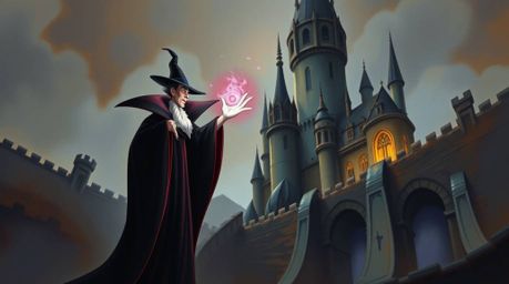 A captivating oil painting depicts a classic Disney villain casting a spell within the aged walls of an ancient castle. The