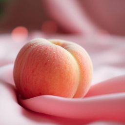 A high-resolution, soothing ASMR image capturing a soft, blushing pink peach. The peach, showcasing a fuzzy texture and glist