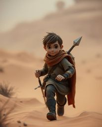 Embark on a heartwarming desert adventure with a brave Disney-style hero.  Experience a soft, cinematic journey bathed in war