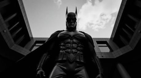 A striking black and white architectural color photograph featuring a classic superhero and villain confrontation. The image 
