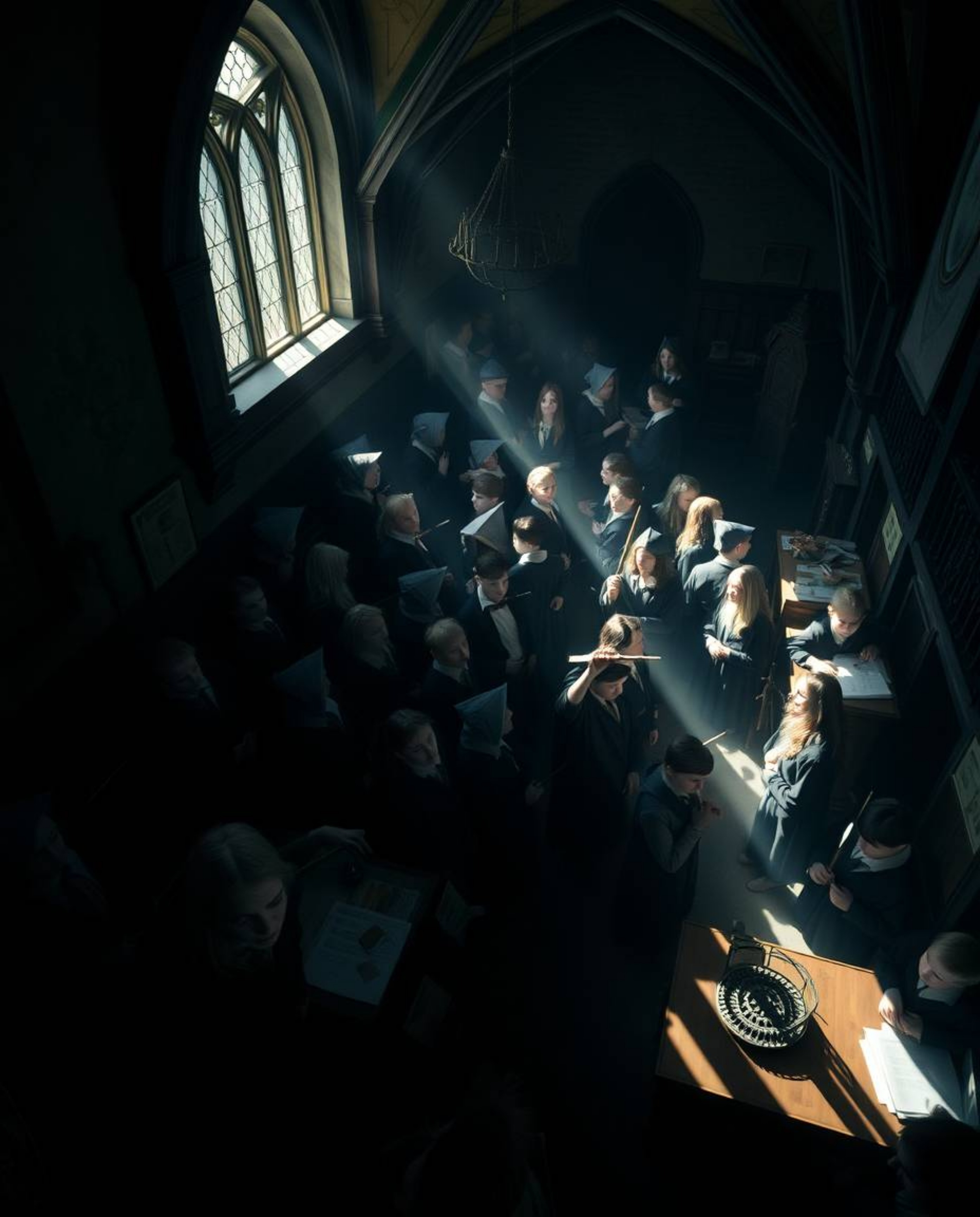 Experience the enchantment of a magical school filled with young wizards, captured in a moody, high-angle photograph.  The im
