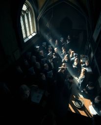 Experience the enchantment of a magical school filled with young wizards, captured in a moody, high-angle photograph.  The im