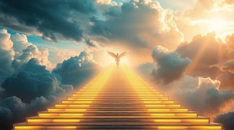 Experience a breathtaking and epic scene featuring luminous steps rising into a cloudy sky, hinting at a modern and futuristi