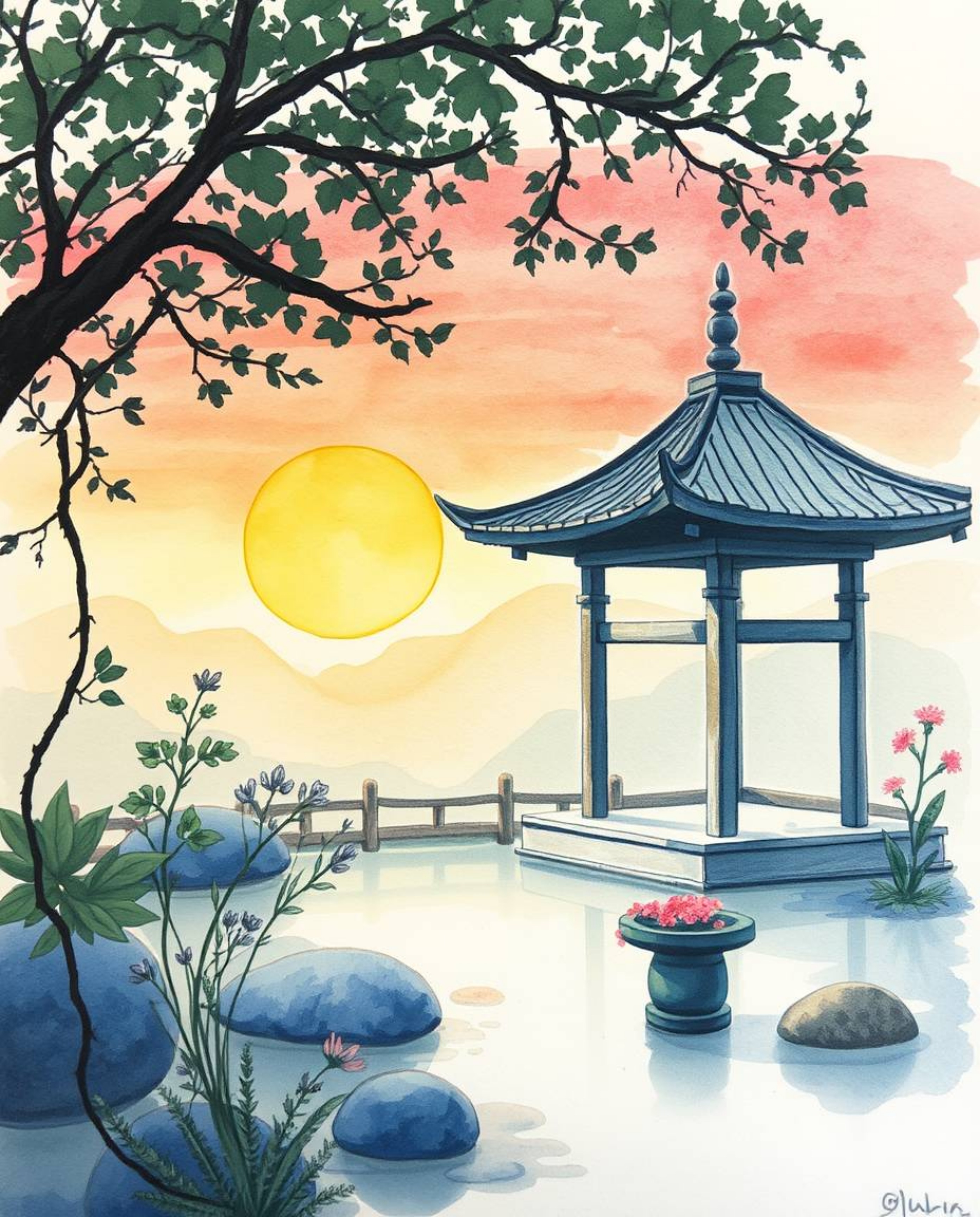 Immerse yourself in an adorable and charming scene of a serene Zen garden at sunset, captured in a delicate watercolor painti