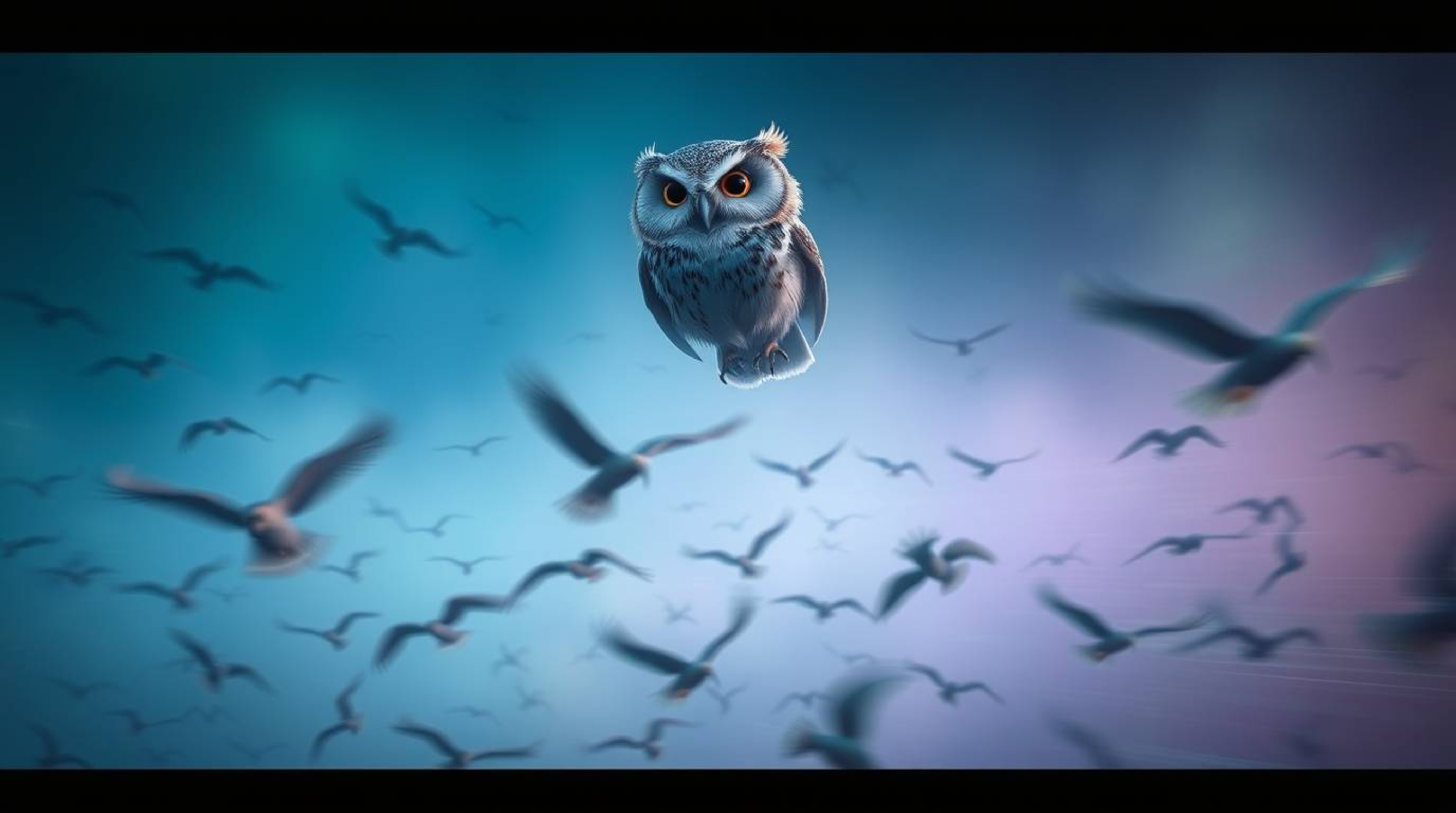 A long-exposure photograph depicts a wise, blind owl in a Pixar-style, featuring soft, feathery plumage, perched high above a
