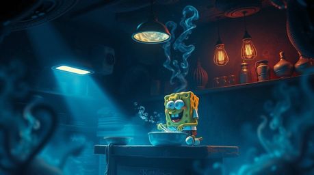 Discover a captivating image of a sponge character passionately cooking in a vibrant, underwater kitchen.  Intense lighting a