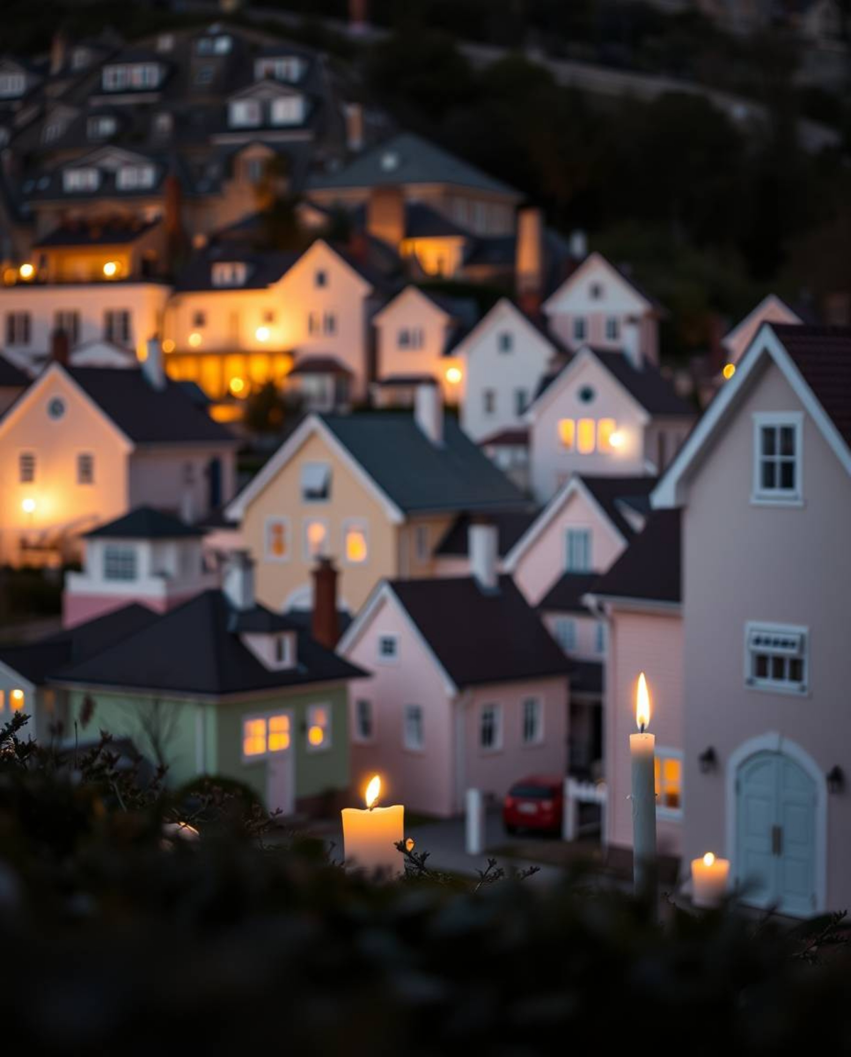 Discover a serene high-resolution stock photo showcasing a sleepy town bathed in the warm glow of candlelight. Pastel-colored
