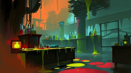 A vibrant digital sketch showcases a slime-covered science lab, rendered in complementary colors and loose painterly strokes 