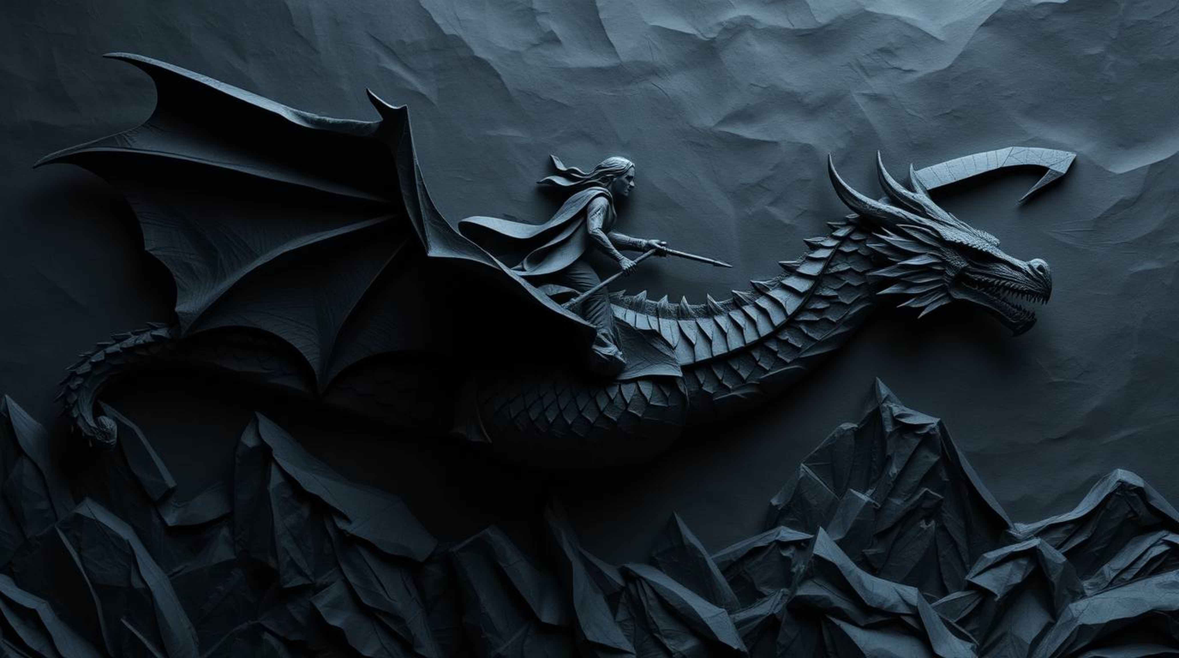A captivating papier-mâché sculpture depicts a fearsome dragon and its stoic rider soaring above a breathtaking landscape of