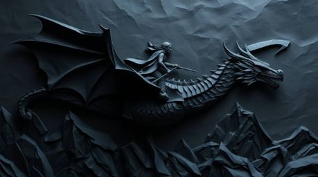 A captivating papier-mâché sculpture depicts a fearsome dragon and its stoic rider soaring above a breathtaking landscape of 