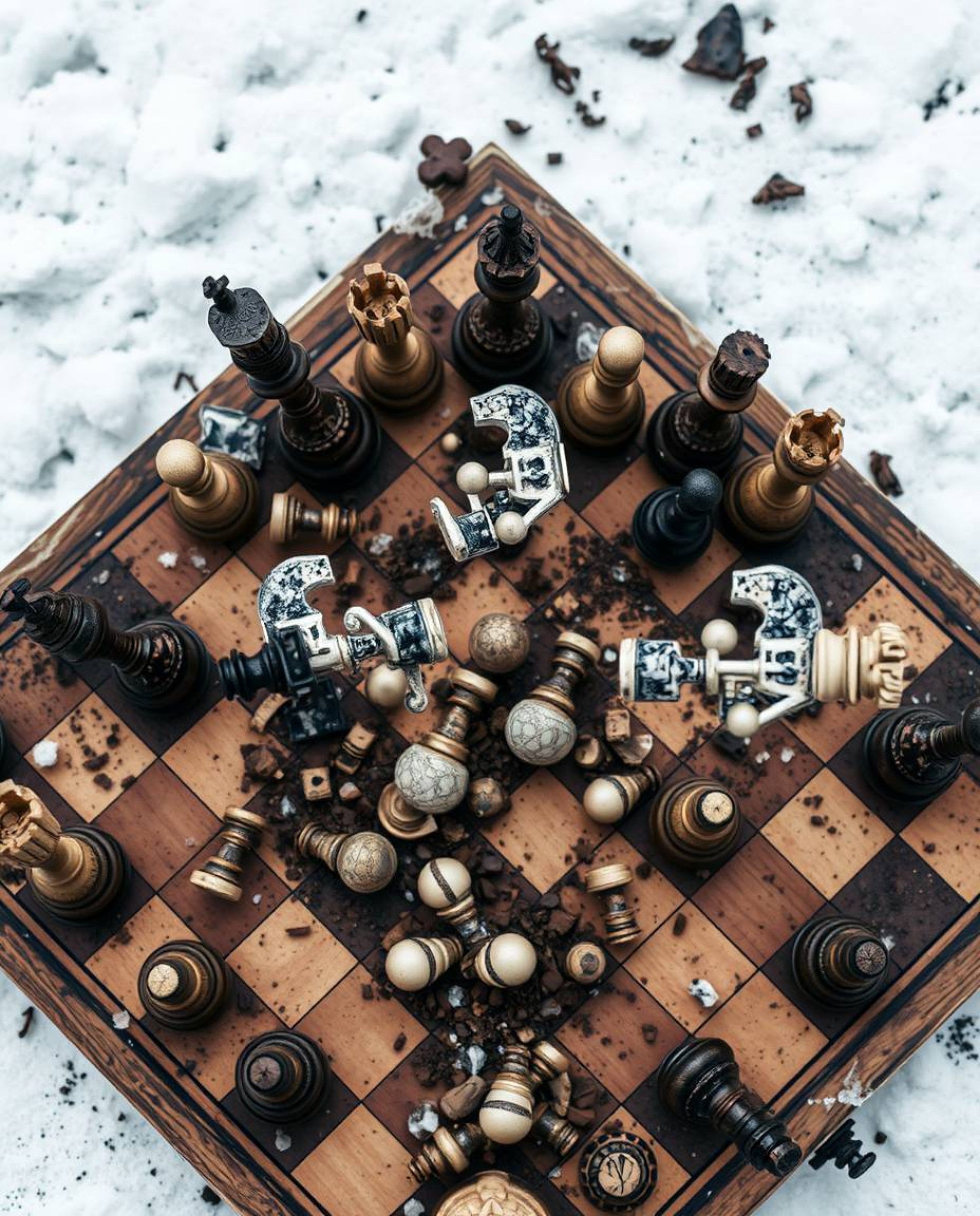This image presents a bird's eye view of a chessboard locked in a state of dramatic destruction. Pieces are frozen mid-air, c