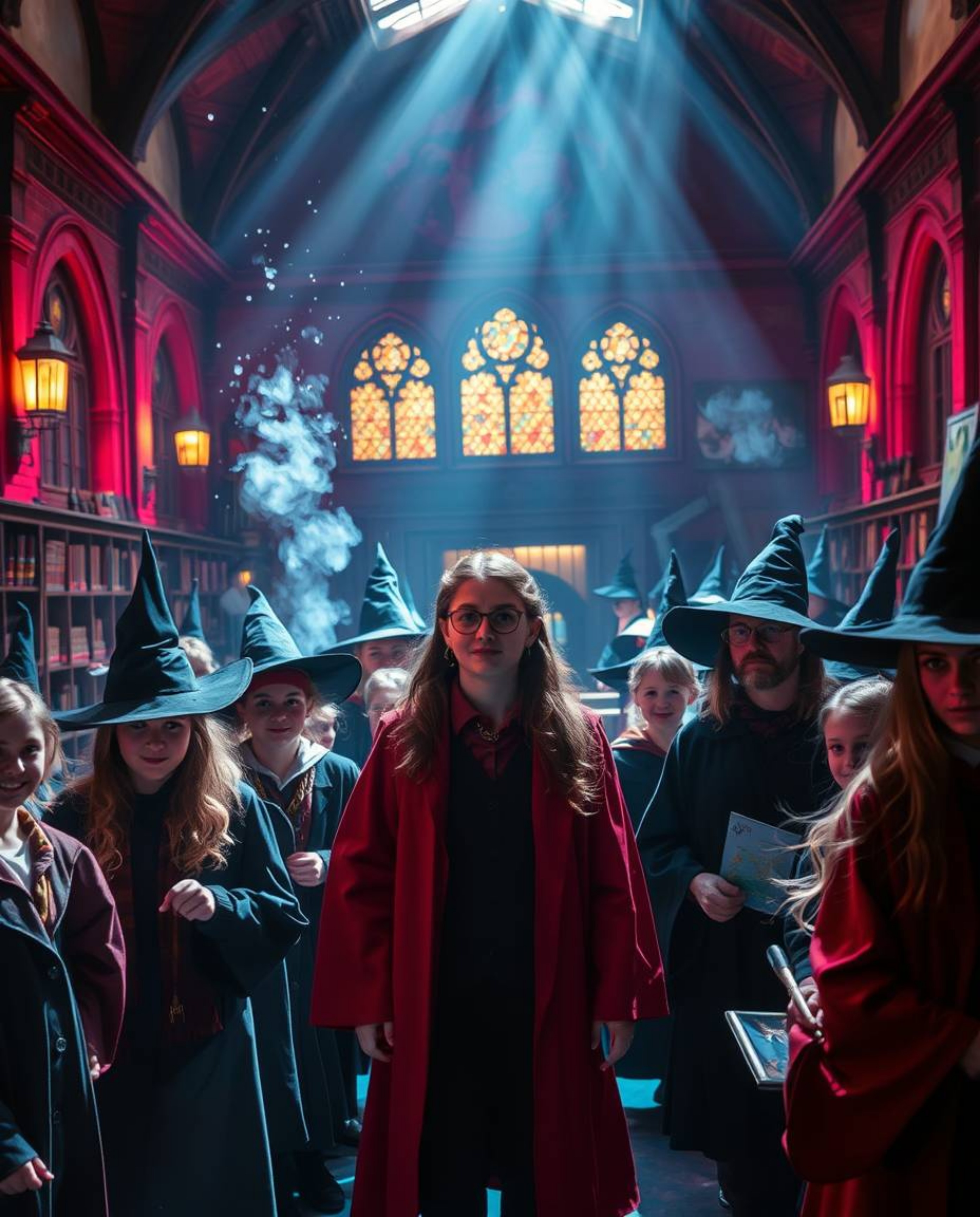 Step into a magical school teeming with young wizards, where electric and vivid colors dance under volumetric lighting, illum