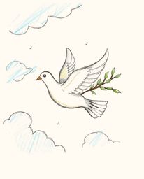 A captivating hand-drawn sketch depicts a dove carrying an olive branch amidst stormy skies.  Rendered in bright, vibrant col