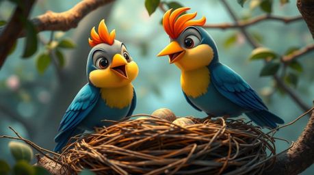A captivating high-resolution stock photo depicts two charming cartoon birds meticulously constructing a nest. Rendered in a