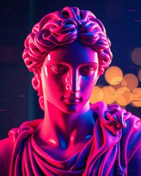 Explore a mesmerizing fusion of classical sculpture and modern digital art with this captivating image. The sharp focus on th