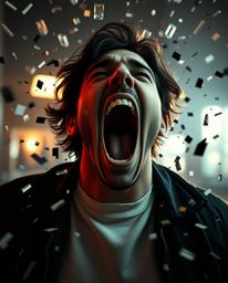 A dramatic cinematic scene depicting a person screaming as the world around them dramatically shatters into pixels.  The imag